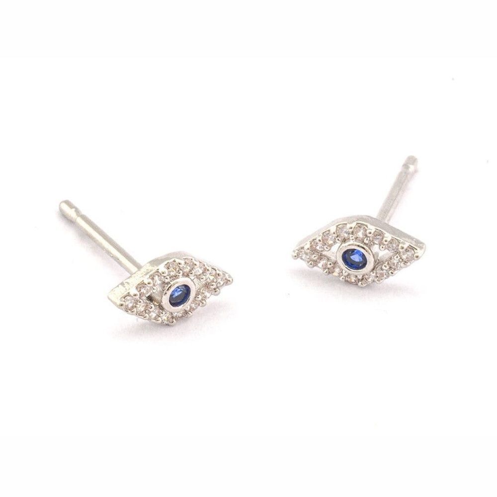 Sterling Silver Evil Eye Earrings Clear Blue Stones NEW Sapphire Studs Delicate